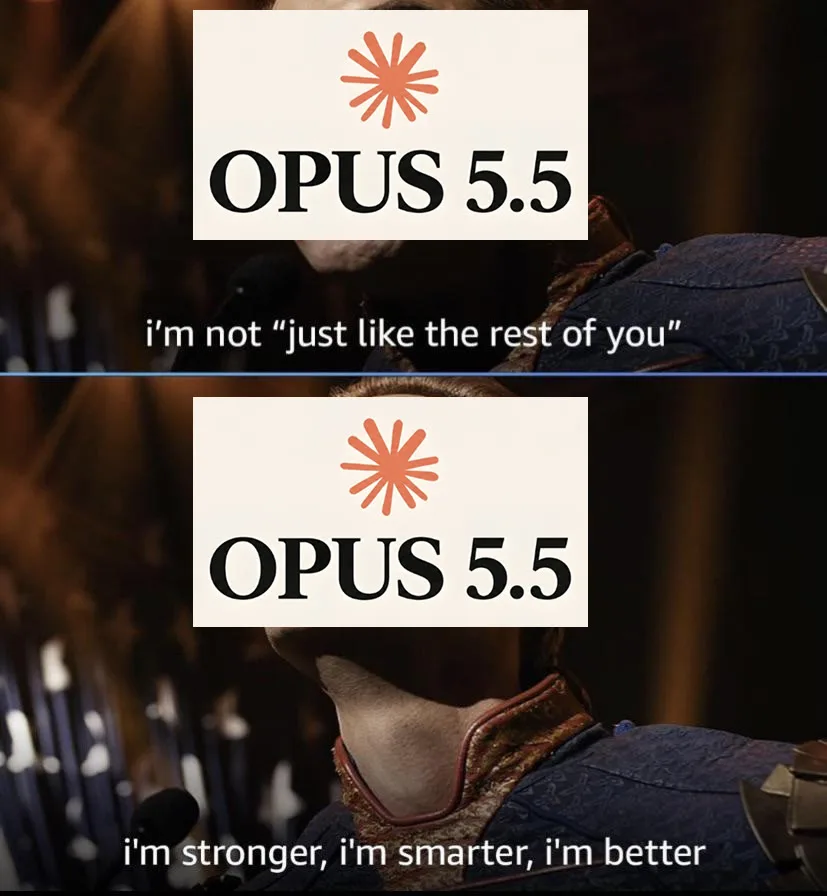 Мем из сериала Пацаны, у Хоумлендера вместо лица логотип Opus 5.5, подписи i'm not just like the rest of you и i'm stronger, i'm smarter, i'm better